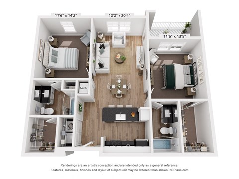 Floor plan for 2 beds, 2 baths, 879 sqft